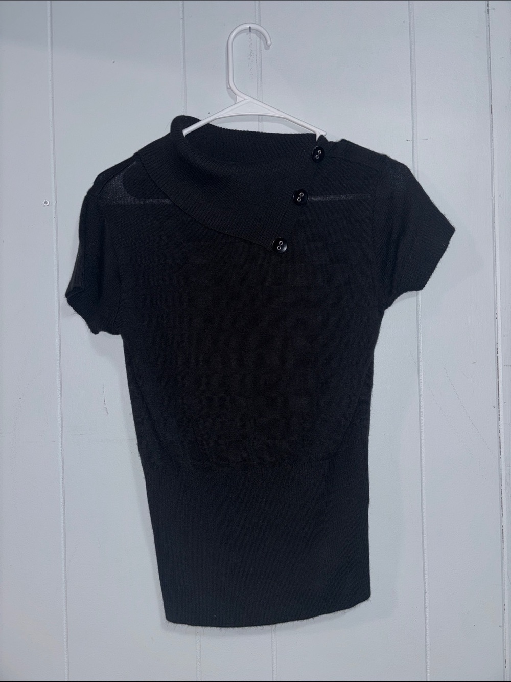 Iz Byer Short-Sleeve Knit Top with Buttoned Asymmetric Collar